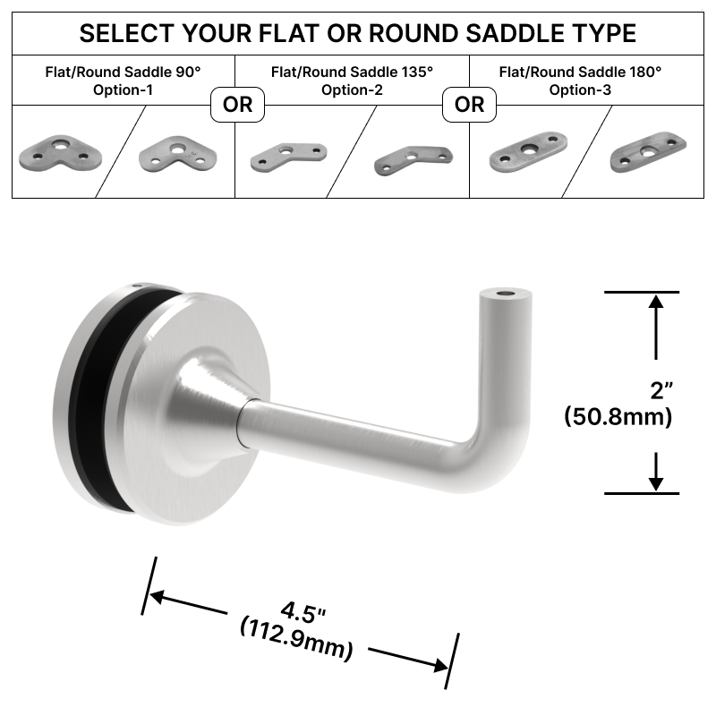 GGH Extendable Handrail Bracket - Glass Mount - 4-1/2" Length w/ Flat or Round Saddle