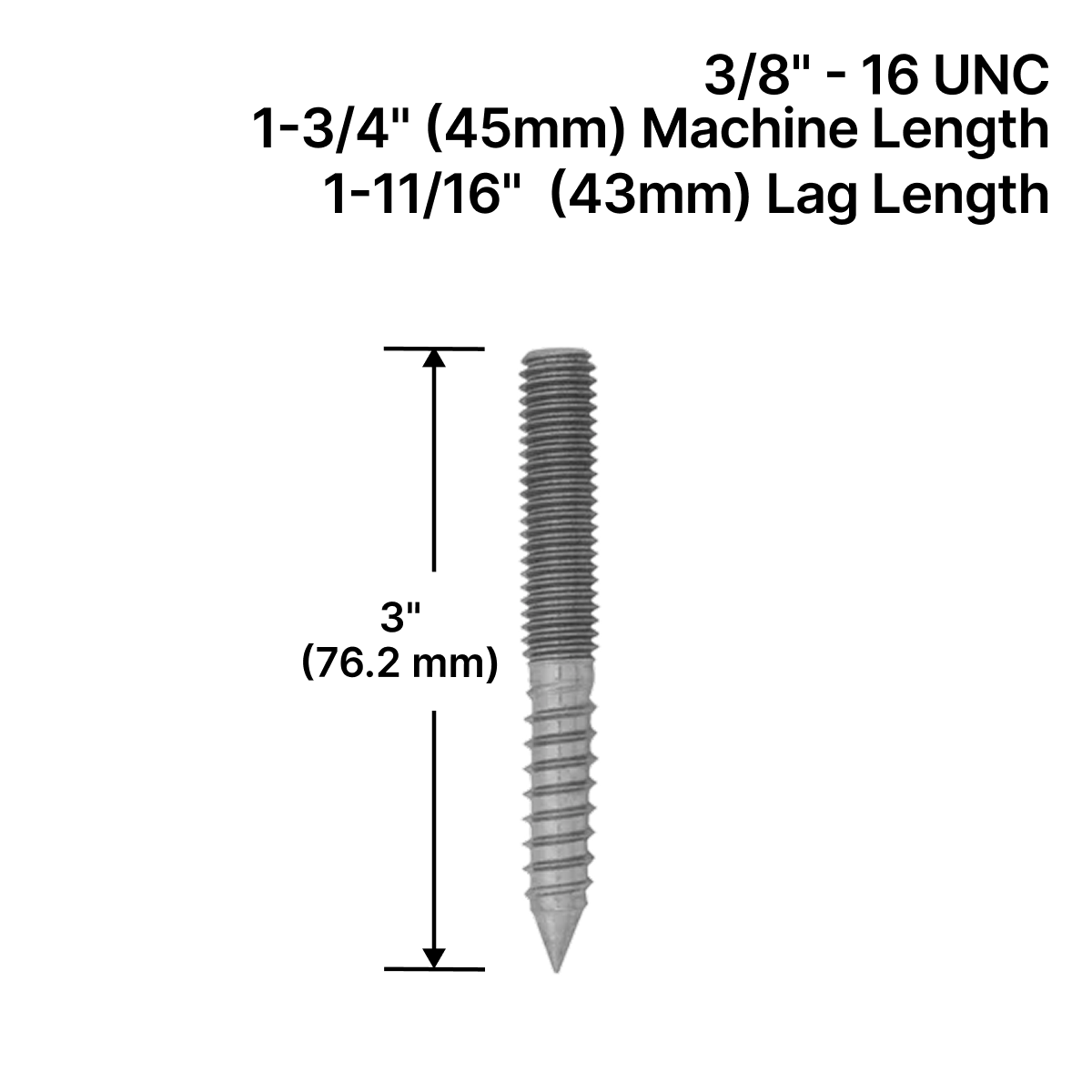 GGH Hanger Bolt for Solid Standoff - 3/8" X 3"