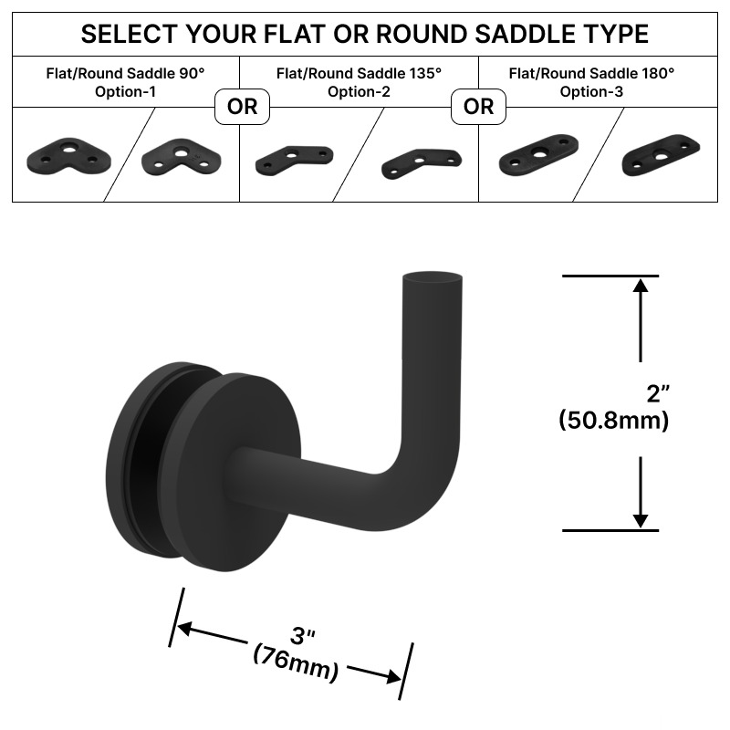 [HRB3X2GM] Handrail Bracket - Glass Mount - 3X2" w/ Flat or Round Saddle (BS, MBL)