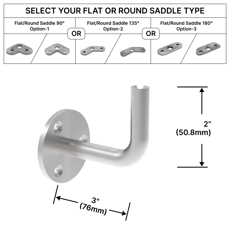 [HRB3X2WM] Handrail Bracket - Wall Mount - 3X2" w/ Flat or Round Saddle (BS, MBL)
