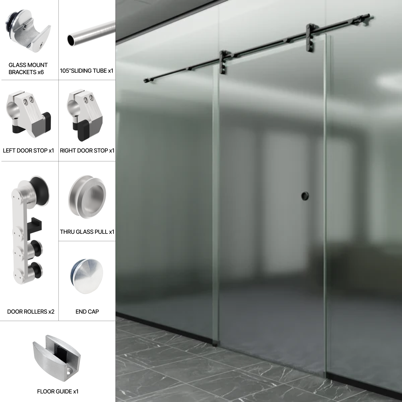 GGH Commercial Sliding Door Kit - Glass Mount (Single Door)