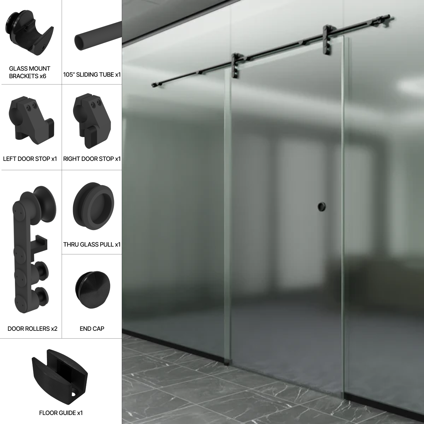 GGH Commercial Sliding Door Kit - Glass Mount (Single Door)