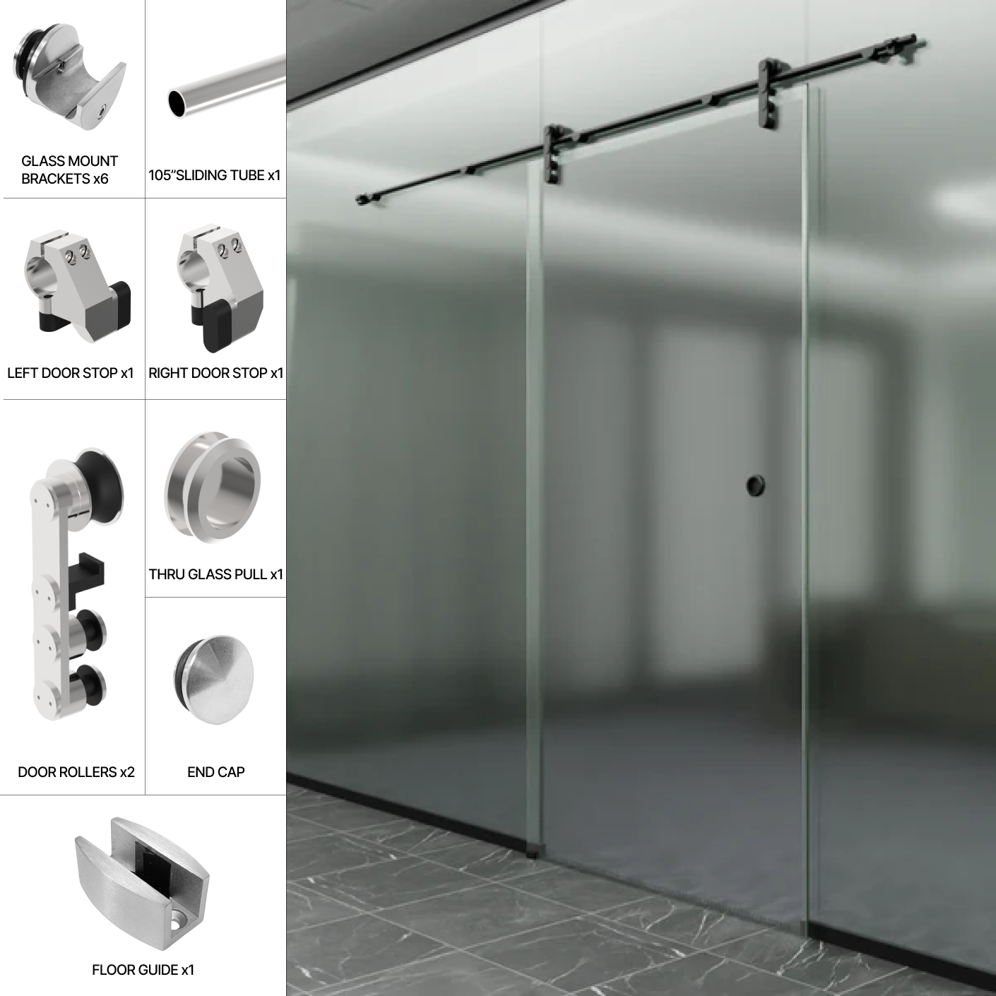 GGH Commercial Sliding Door Kit - Glass Mount (Single Door)
