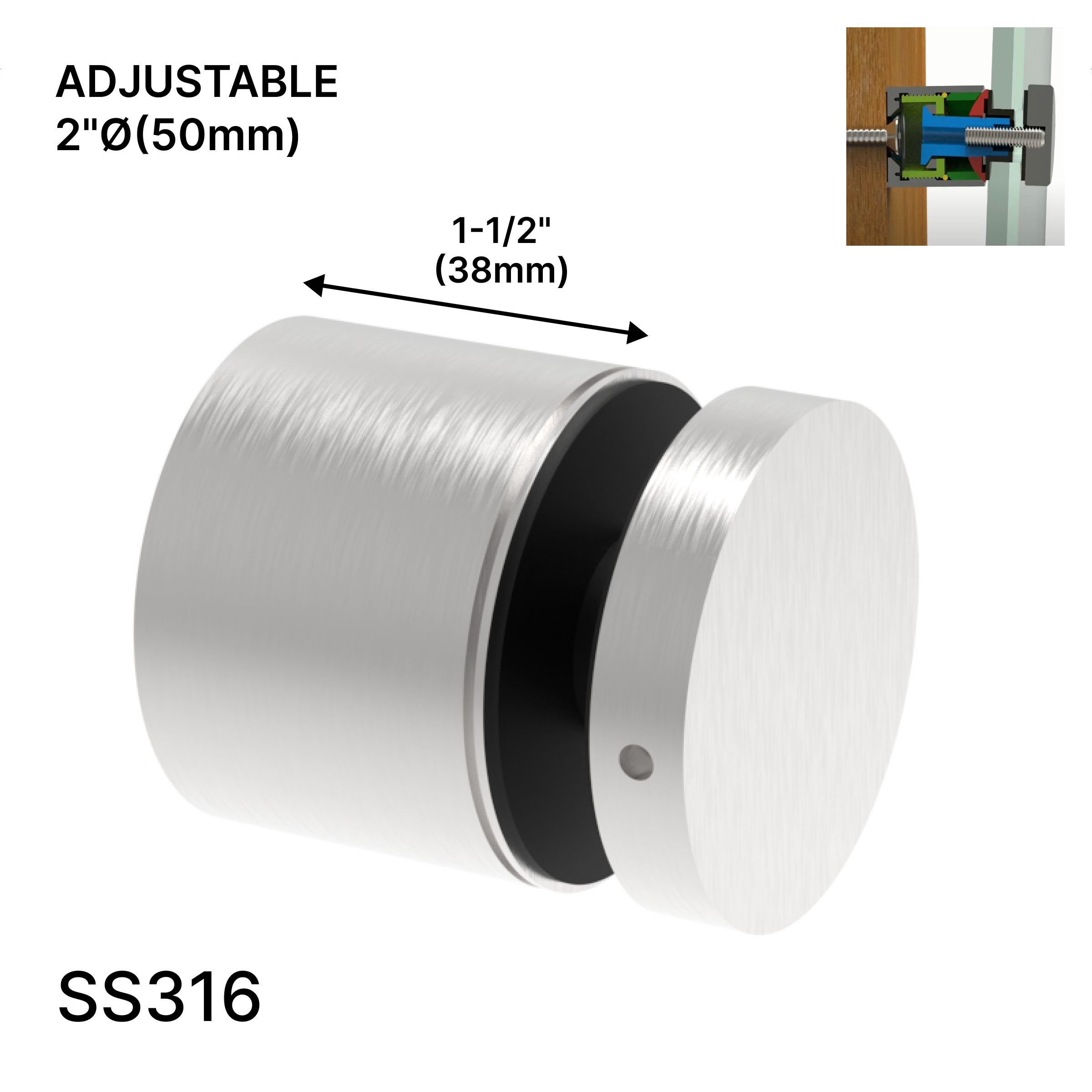 GGH Standoff - 2" Ø X 1-1/2" Base Height - SS316 - Round