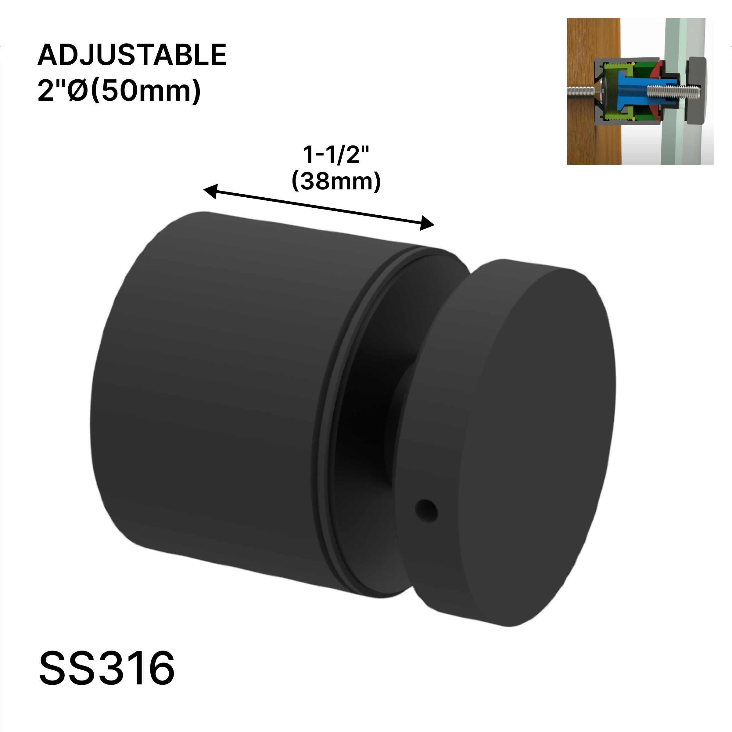 GGH Standoff - 2" Ø X 1-1/2" Base Height - SS316 - Round