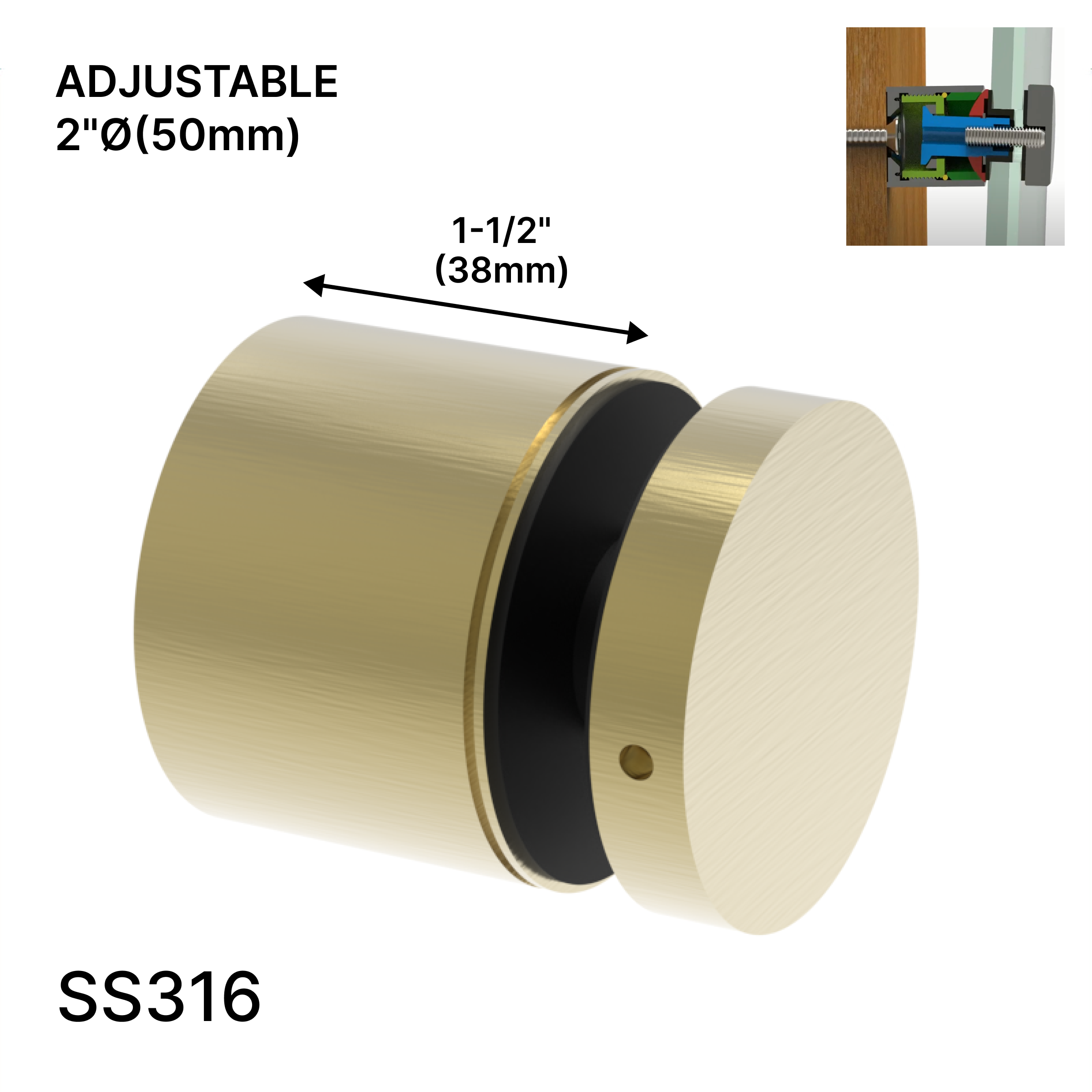 GGH Standoff - 2" Ø X 1-1/2" Base Height - SS316 - Round
