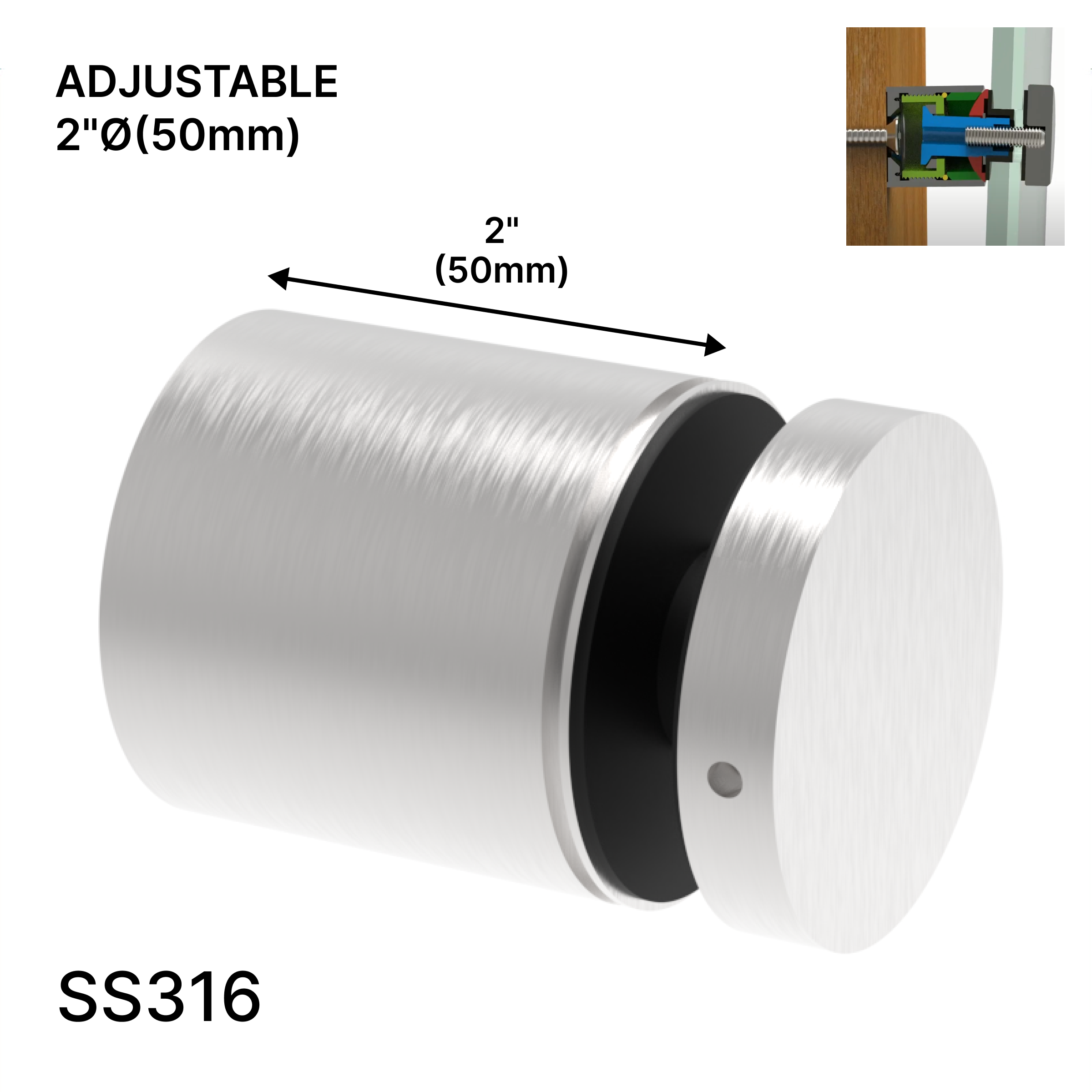 GGH Standoff - 2" Ø˜ X 2" Base Height - SS316 - Round