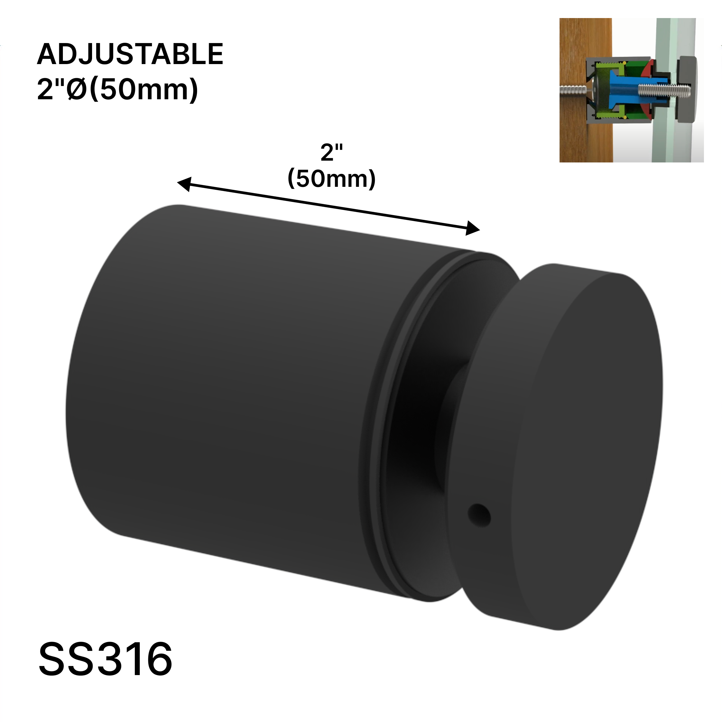 GGH Standoff - 2" Ø˜ X 2" Base Height - SS316 - Round