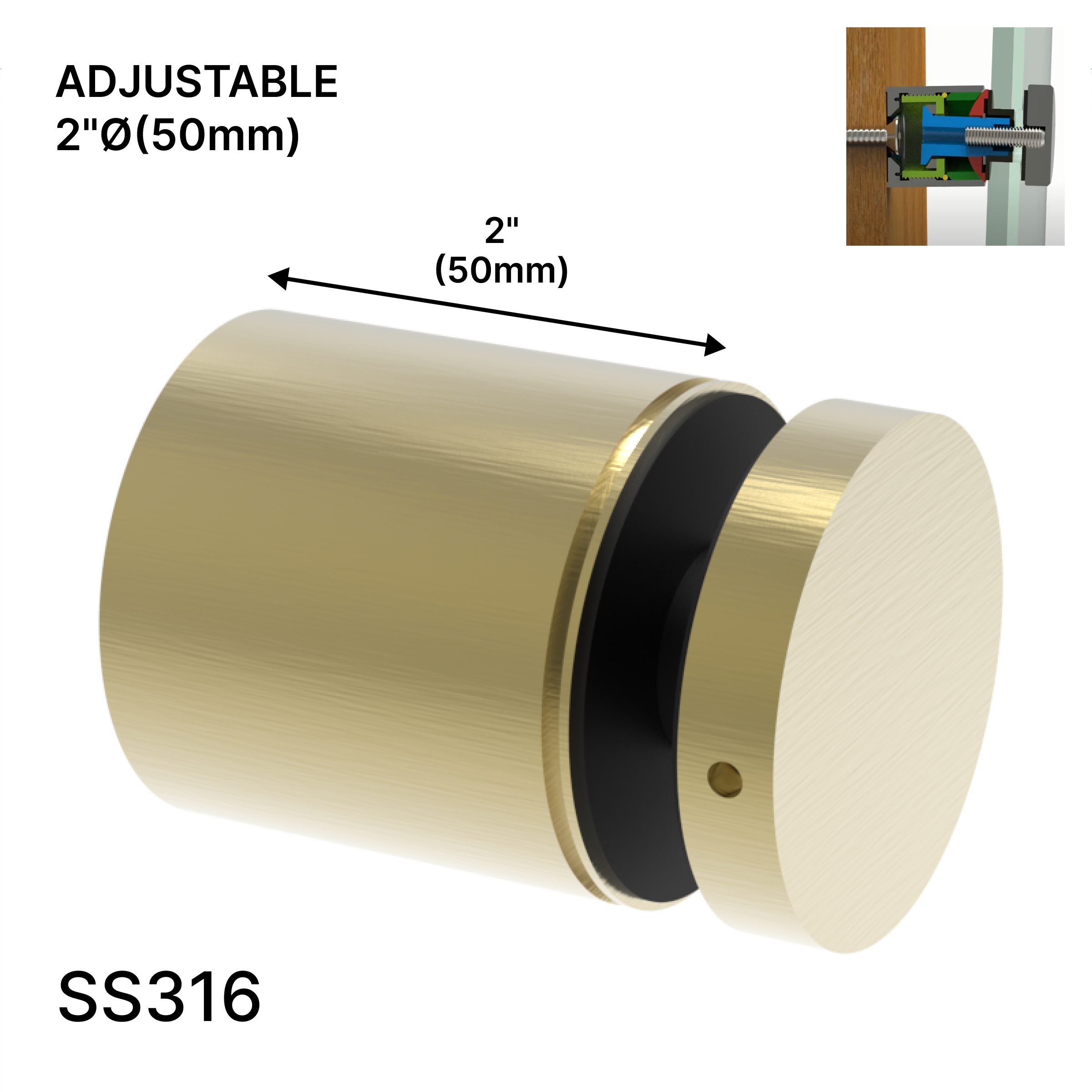 GGH Standoff - 2" Ø˜ X 2" Base Height - SS316 - Round