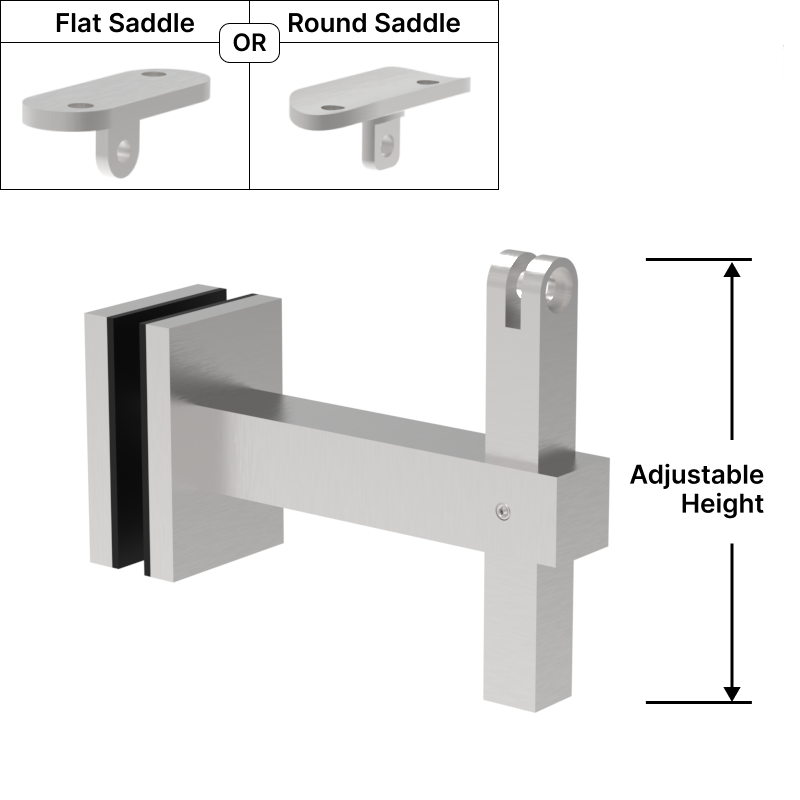 GGH Square Handrail Bracket - Adj. Glass Mount w/ Flat or Round Saddle